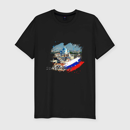 Мужская slim-футболка Санкт-Петербург и флаг России / Черный – фото 1