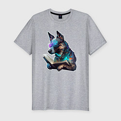 Мужская slim-футболка Киберпанк собака с книгой