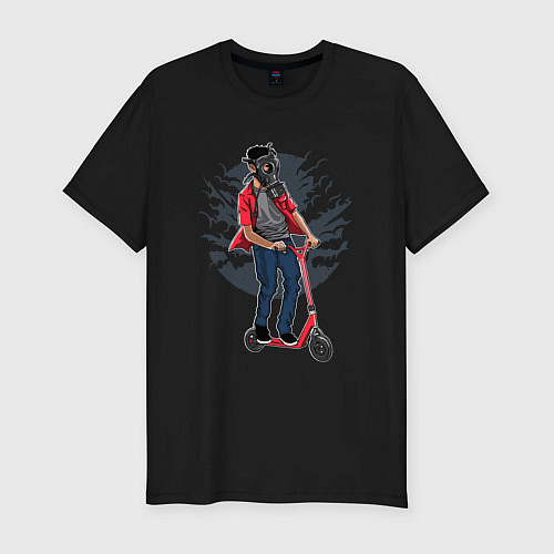 Мужская slim-футболка Мальчик на самокате в противогазе / Черный – фото 1