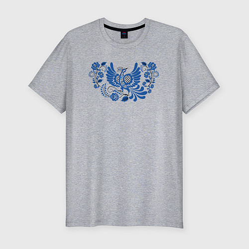 Мужская slim-футболка Синяя птица в орнаменте гжель / Меланж – фото 1