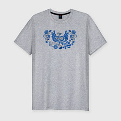 Мужская slim-футболка Синяя птица в орнаменте гжель