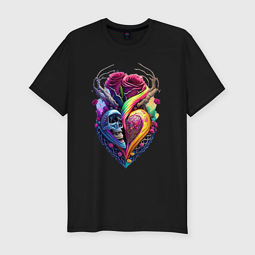 Мужская slim-футболка Сердце, череп и розы / Черный – фото 1