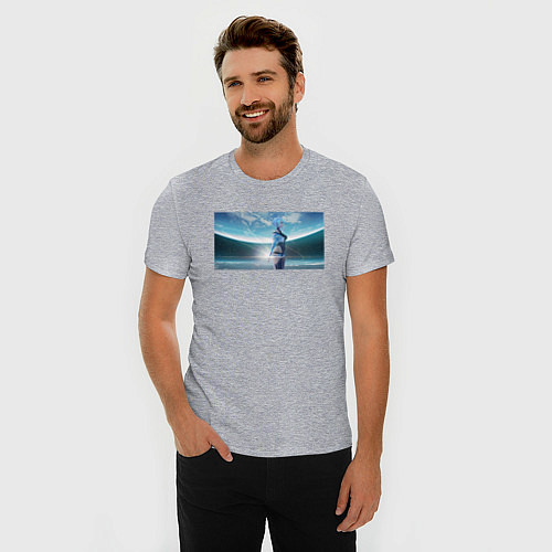 Мужская slim-футболка Люси на фоне луны - аниме Киберпанк / Меланж – фото 3