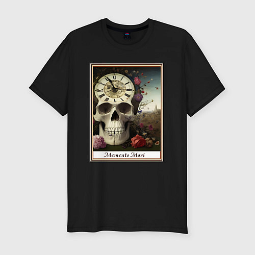 Мужская slim-футболка Memento Mori, череп, часы и цветы, в рамке / Черный – фото 1