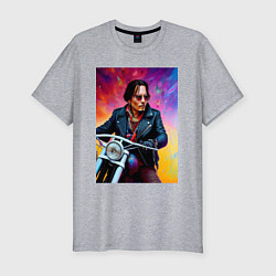 Футболка slim-fit Джонни Депп на мотоцикле - нейросеть, цвет: меланж