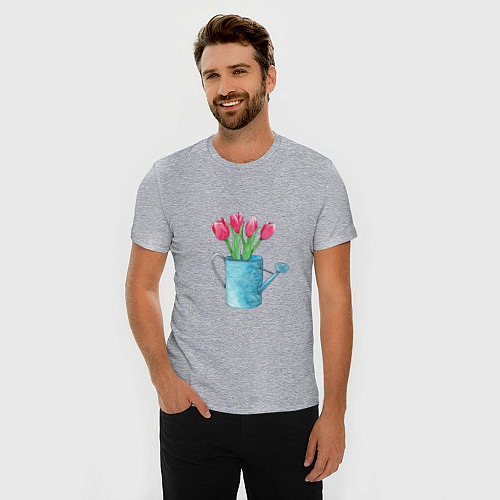 Мужская slim-футболка Букет тюльпанов в лейке / Меланж – фото 3