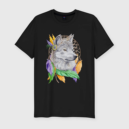 Мужская slim-футболка Волк шаман / Черный – фото 1