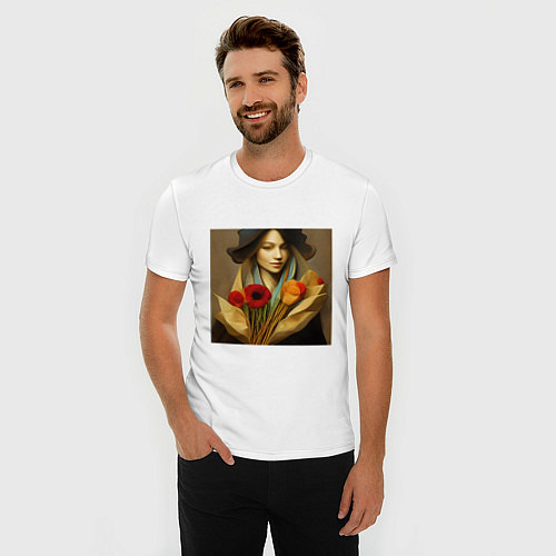 Мужская slim-футболка Девушка с цветами в стиле экспрессионизм, дизайн 1 / Белый – фото 3