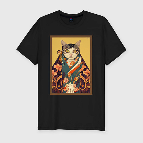 Мужская slim-футболка Кот в кимоно / Черный – фото 1