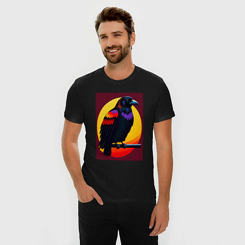 Мужская slim-футболка Ворон на ветке иллюстрация / Черный – фото 3