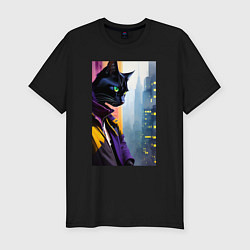 Мужская slim-футболка Black cat in New York - neural network