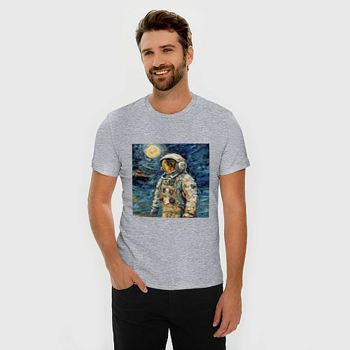 Мужская slim-футболка Космонавт на луне в стиле Ван Гог / Меланж – фото 3