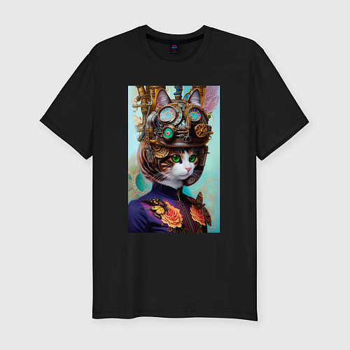 Мужская slim-футболка Кошечка в стиле стимпанк - нейросеть / Черный – фото 1