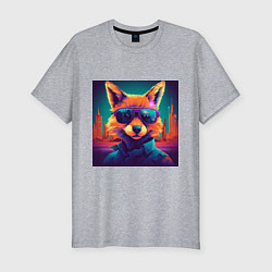 Футболка slim-fit Антропоморфный лис в очках на фоне города, цвет: меланж