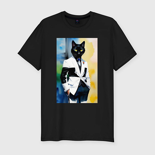 Мужская slim-футболка Модный чёрный кот-джентльмен - мем / Черный – фото 1