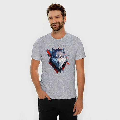 Мужская slim-футболка Голова волка - рисунок с пятнами краски / Меланж – фото 3