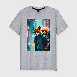 Футболка slim-fit Лисица в большом городе - киберпанк, цвет: меланж