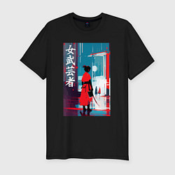 Мужская slim-футболка Онна-бугэйся - девушка-самурай - иероглифы - Япони
