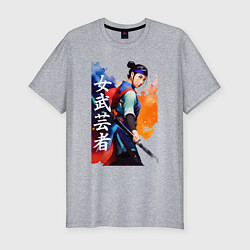 Мужская slim-футболка Онна-бугэйся - девушка-самурай - акварель