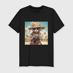 Мужская slim-футболка Кот на пляже с фотоаппаратом