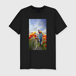 Мужская slim-футболка Попугай на велосипеде