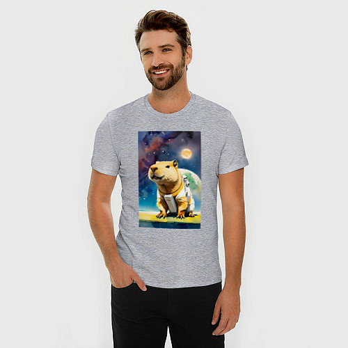 Мужская slim-футболка Capybara brave astronaut - neural network / Меланж – фото 3