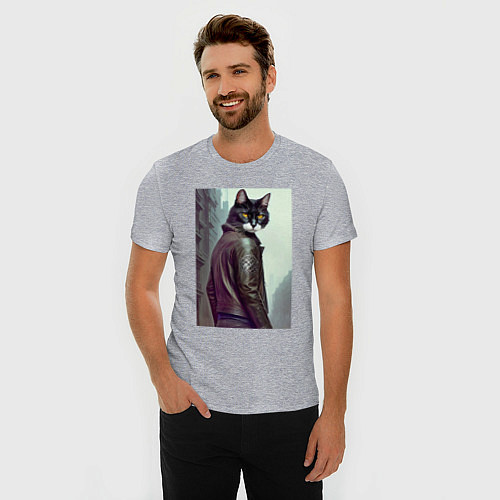 Мужская slim-футболка Модный котяра - Лондон - нейросеть / Меланж – фото 3