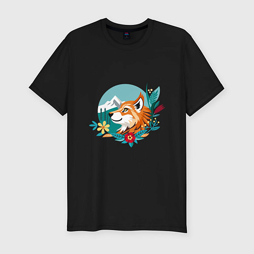 Мужская slim-футболка Лиса и горы среди цветов / Черный – фото 1