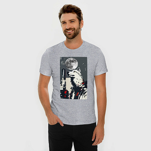 Мужская slim-футболка Волк на фоне луны - мегаполис - нейросеть / Меланж – фото 3