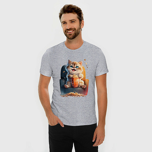 Мужская slim-футболка Веселый котик с попкорном / Меланж – фото 3
