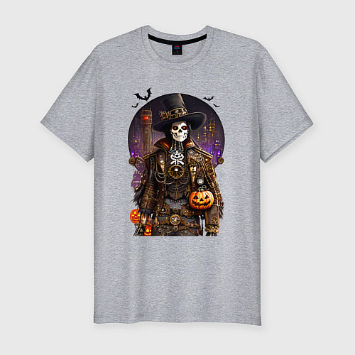 Мужская slim-футболка Скелет в стиле стимпанк - хэллоуин / Меланж – фото 1