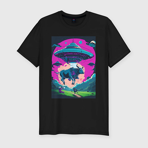 Мужская slim-футболка Похищение коровы пришельцами / Черный – фото 1