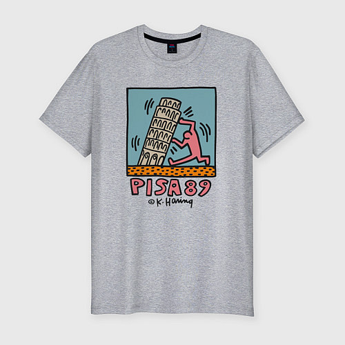 Мужская slim-футболка Поп арт Кит Харинг - Пизанская башня / Меланж – фото 1