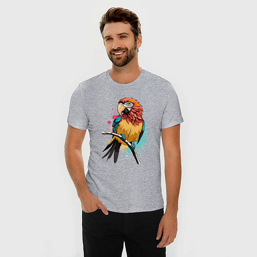 Мужская slim-футболка Акварельный попугай / Меланж – фото 3