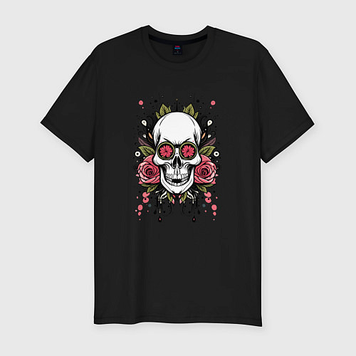 Мужская slim-футболка Мексиканский гламурный череп / Черный – фото 1