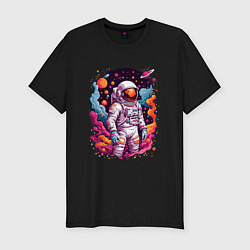 Мужская slim-футболка Космонавт в открытом космосе среди планет