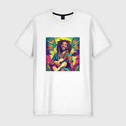 Мужская slim-футболка Веселый растаман регги гитарист в стиле retrowave