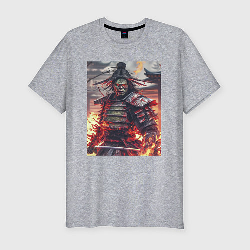 Мужская slim-футболка Самурай зомби в огне / Меланж – фото 1