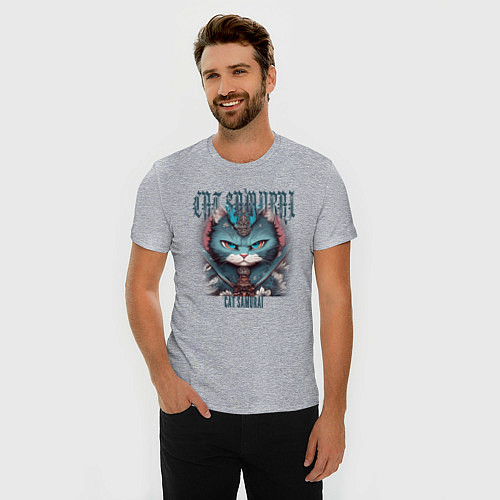 Мужская slim-футболка С котиком самураем / Меланж – фото 3