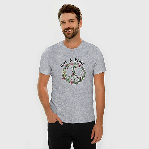 Мужская slim-футболка Хиппи знак мира цветочный пастельный peace and lov / Меланж – фото 3