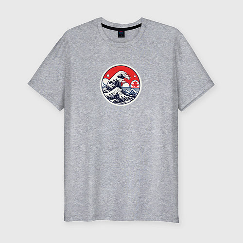 Мужская slim-футболка Большая волна в Канагаве в круге / Меланж – фото 1