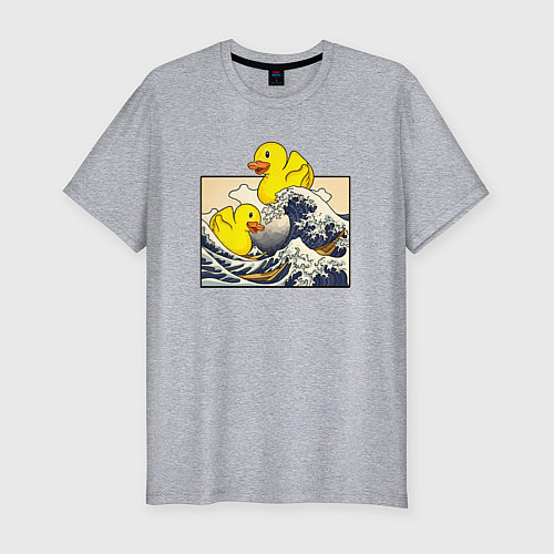 Мужская slim-футболка Уточка на волне в Канагаве / Меланж – фото 1