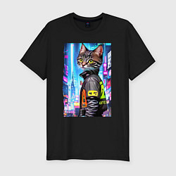 Футболка slim-fit Котёнок в мегаполисе - нейросеть, цвет: черный