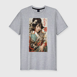 Мужская slim-футболка Японская девочка в кимоно с котенком