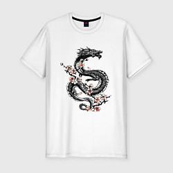 Мужская slim-футболка Дракон с цветущей сакурой