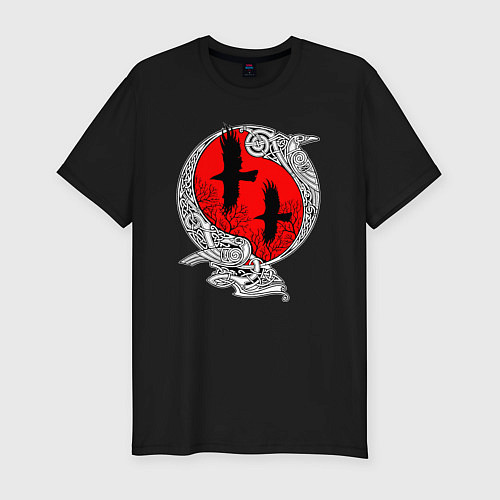 Мужская slim-футболка Вороны Одина - кельтский узор / Черный – фото 1