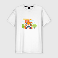 Мужская slim-футболка Пожарная машина едет по радуге