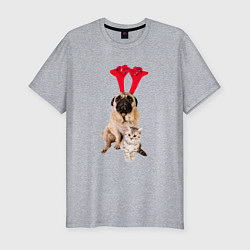 Мужская slim-футболка Мопс с ушками и котёнок