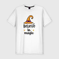 Футболка slim-fit Believe in magic ведьмина шляпа хэллоуин, цвет: белый