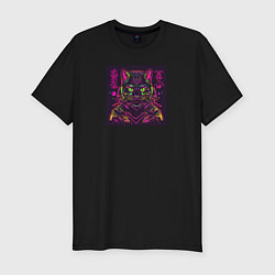 Мужская slim-футболка Неоновый кот самурай